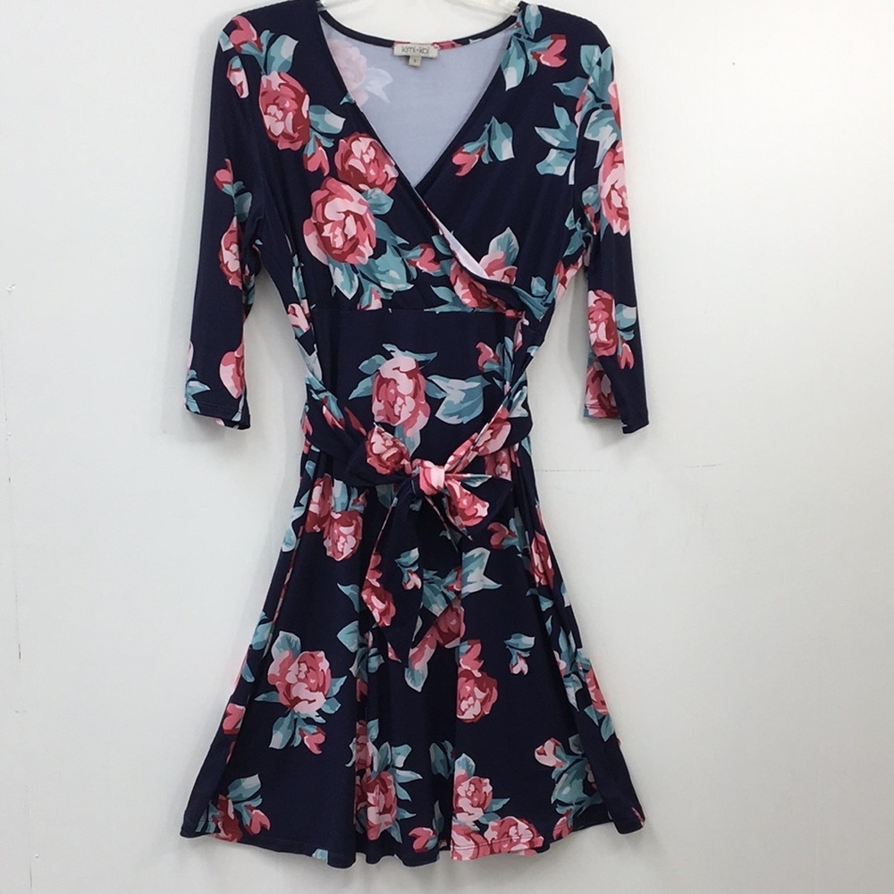 kimi + kai Maternity V-neck Blue Floral 3/4 Sleeve Dress Size S EXCELLENT